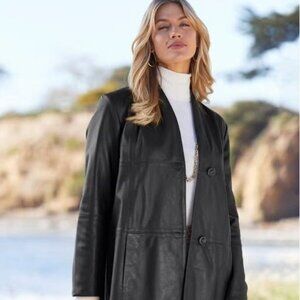 Jessica London Black Leather Swing Coat Longline Button Front Jacket 22W